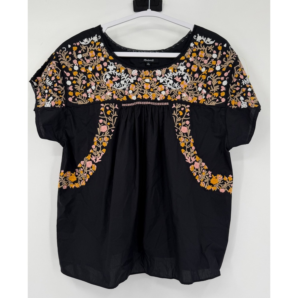 Madewell Womens XL Black Embroidered Floral Boho Cotton Short Sleeve Blouse Top